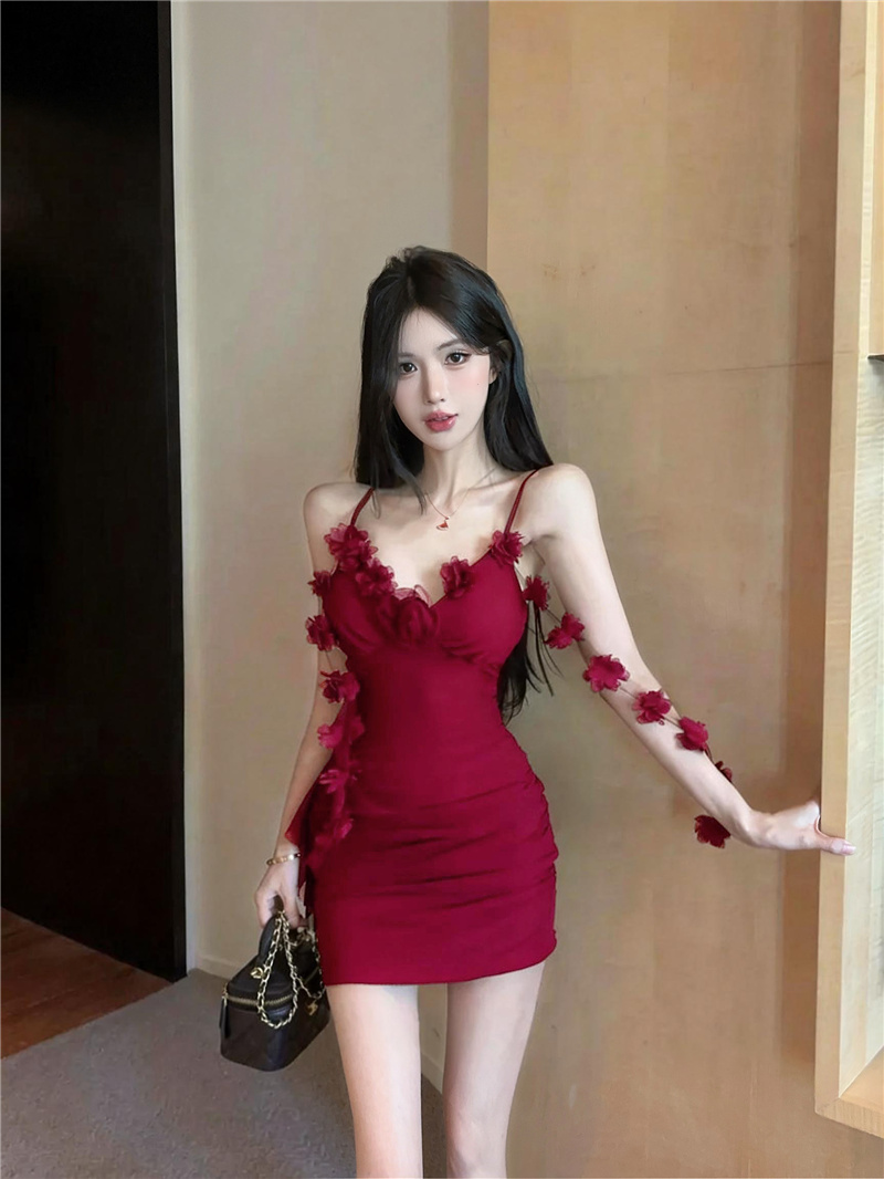 Pure Desire Style Mesh Spliced Cami Bodycon Dress with Tassel Flower