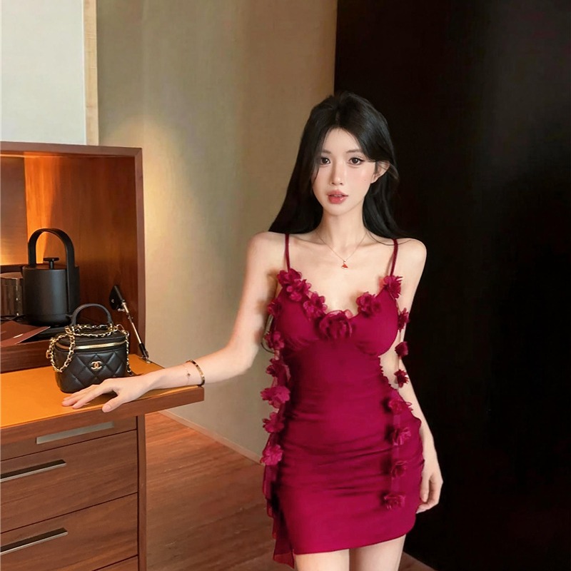 Pure Desire Style Mesh Spliced Cami Bodycon Dress with Tassel Flower - Image 5