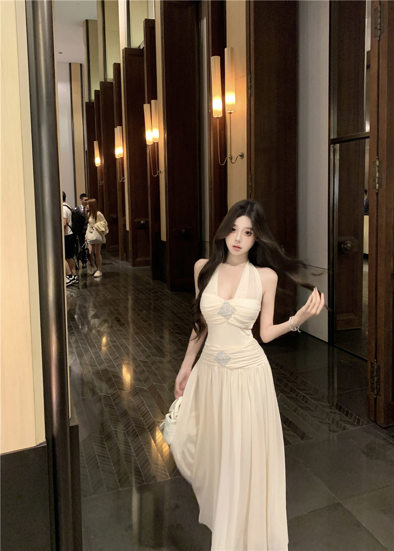 French Halter V-Neck Waist-Cinched Long Dress for Beach Vacation