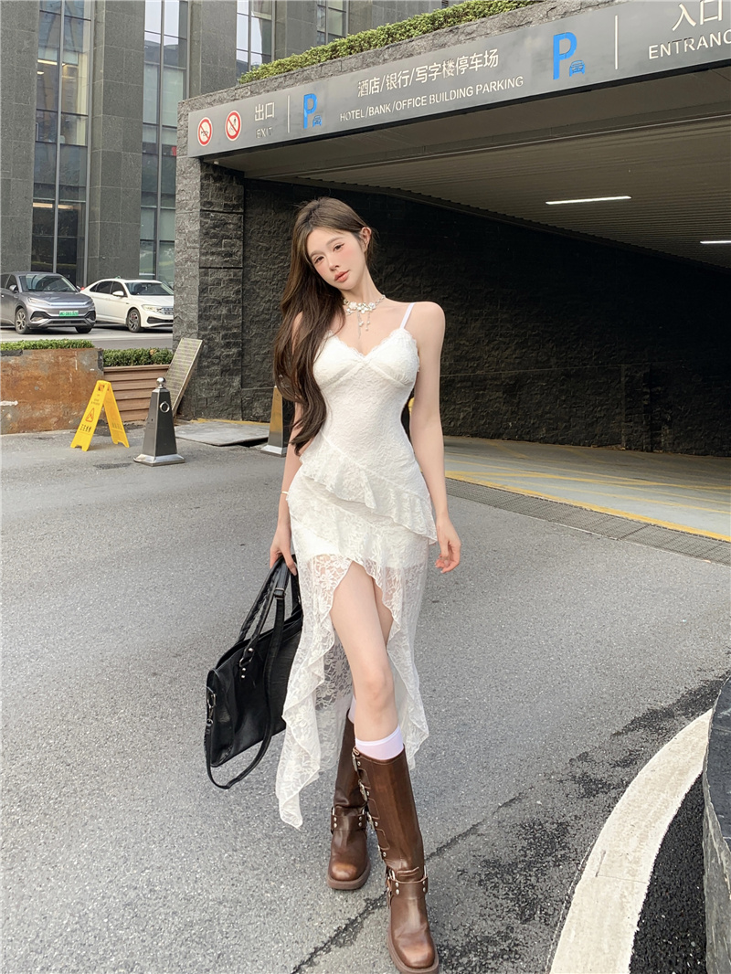 French Lace V-Neck Cami Dress Summer Vacation Irregular Hem White Long Dress - Style 77057d