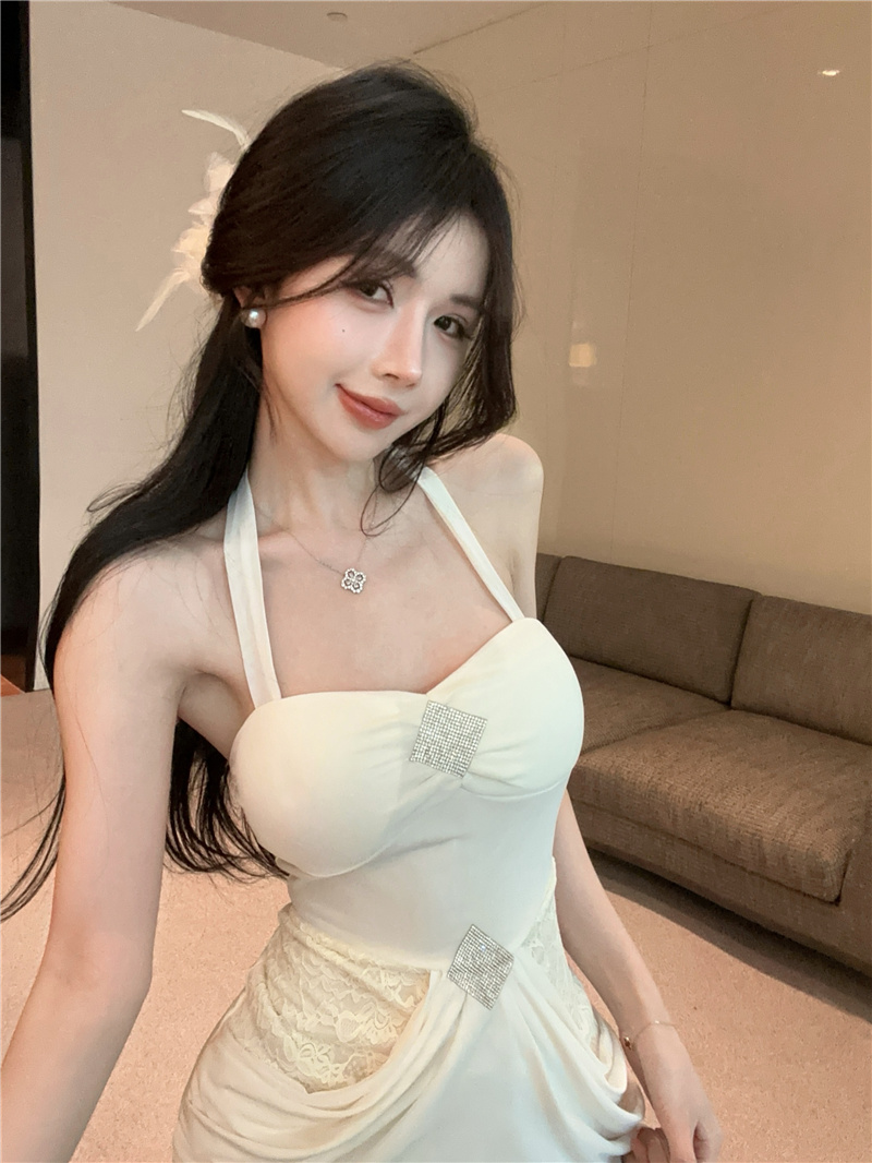 Elegant Strapless Halter Bodycon Dress for Women Summer Lace Panel Waist-Cinching - Image 3