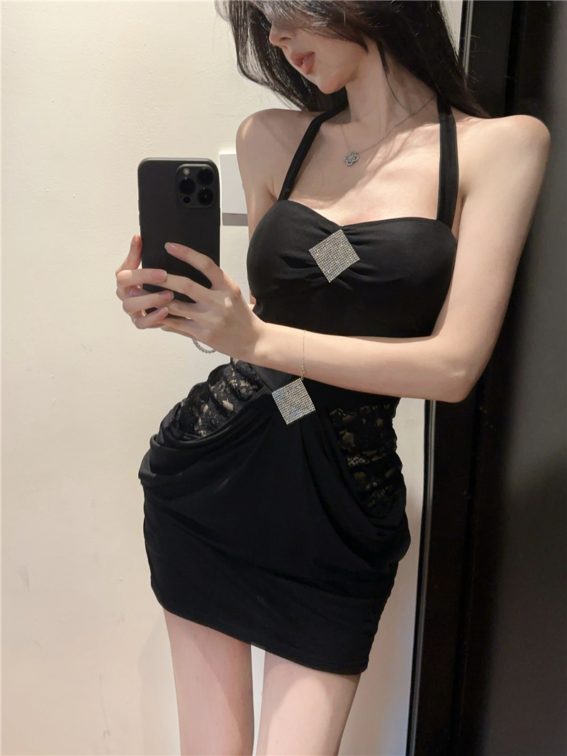 Elegant Strapless Halter Bodycon Dress for Women Summer Lace Panel Waist-Cinching - Image 4