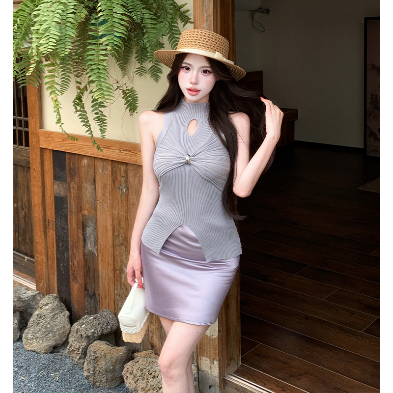 Women's Knotted Ruched Slit Knit T-Shirt High Neck Sleeveless Top Summer New