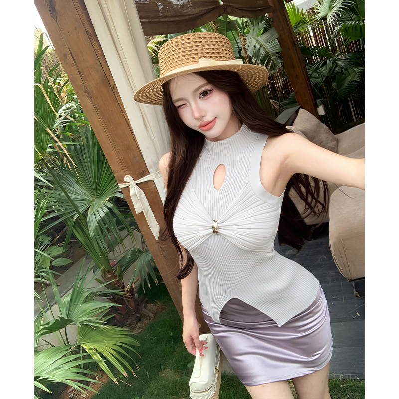 Women's Knotted Ruched Slit Knit T-Shirt High Neck Sleeveless Top Summer New - Image 4
