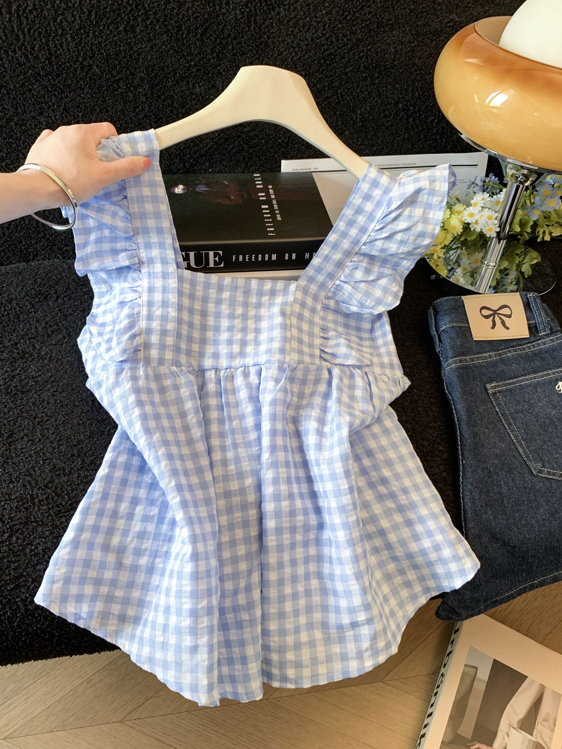 Sweet Fresh Bow Tie Pleated Ruffle Cami Top Women Summer Square Neck Plaid Shirt