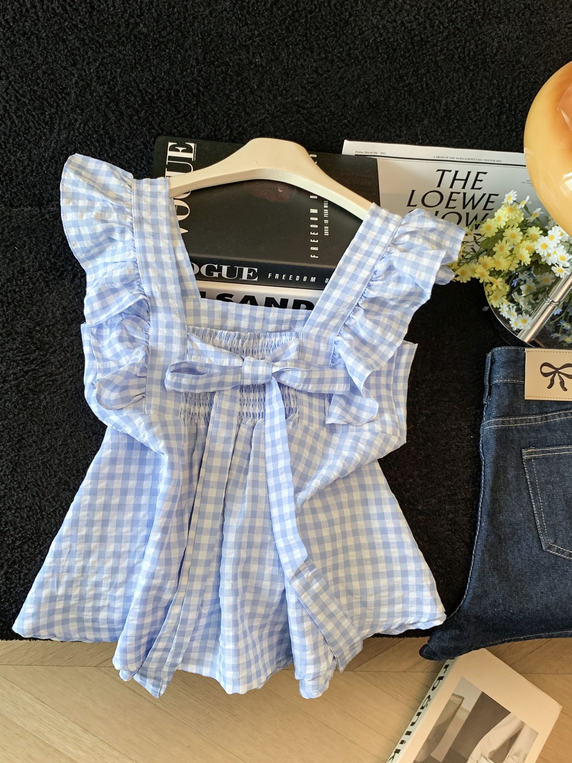 Sweet Fresh Bow Tie Pleated Ruffle Cami Top Women Summer Square Neck Plaid Shirt - Image 2