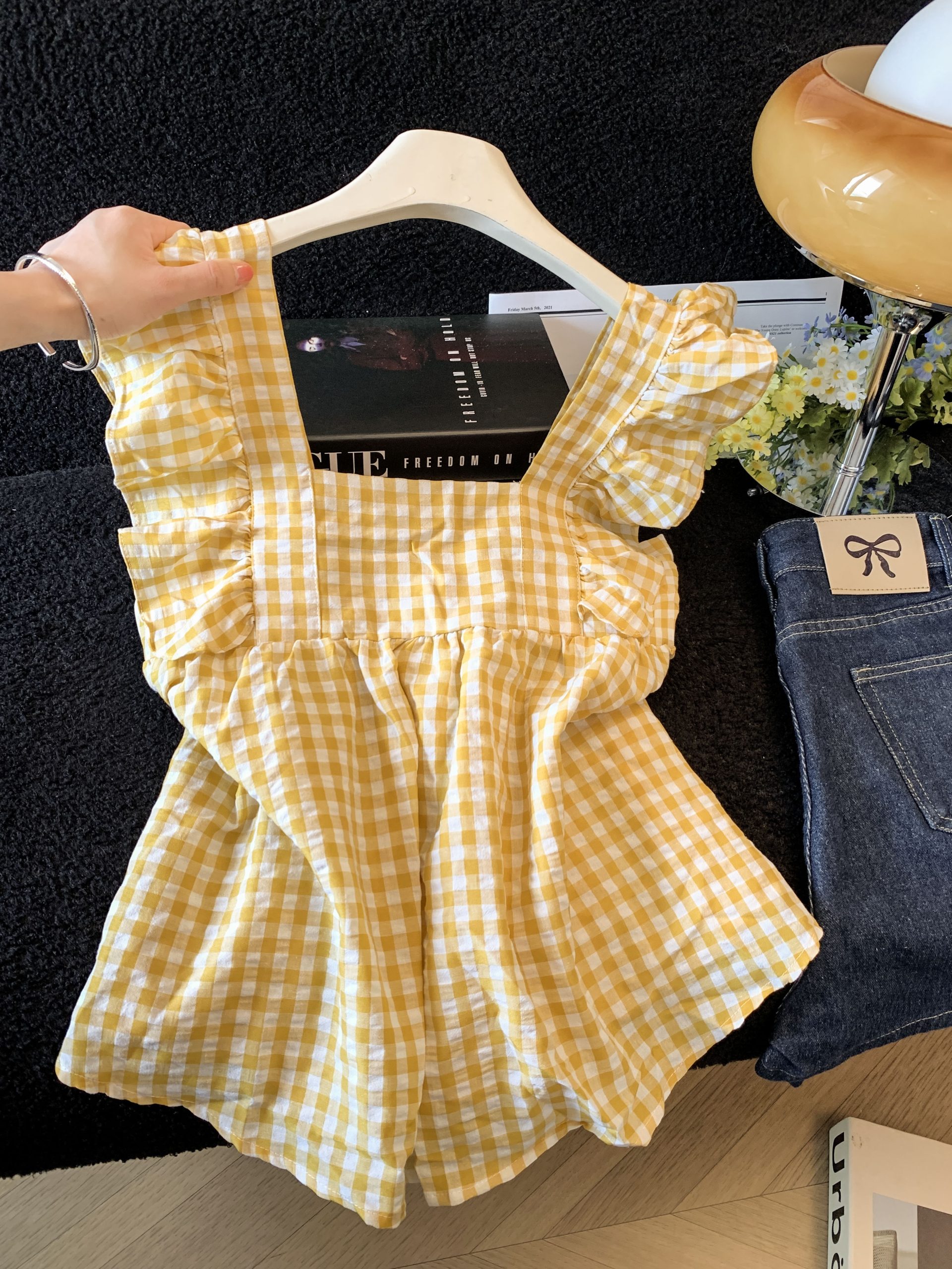 Sweet Fresh Bow Tie Pleated Ruffle Cami Top Women Summer Square Neck Plaid Shirt - Image 3