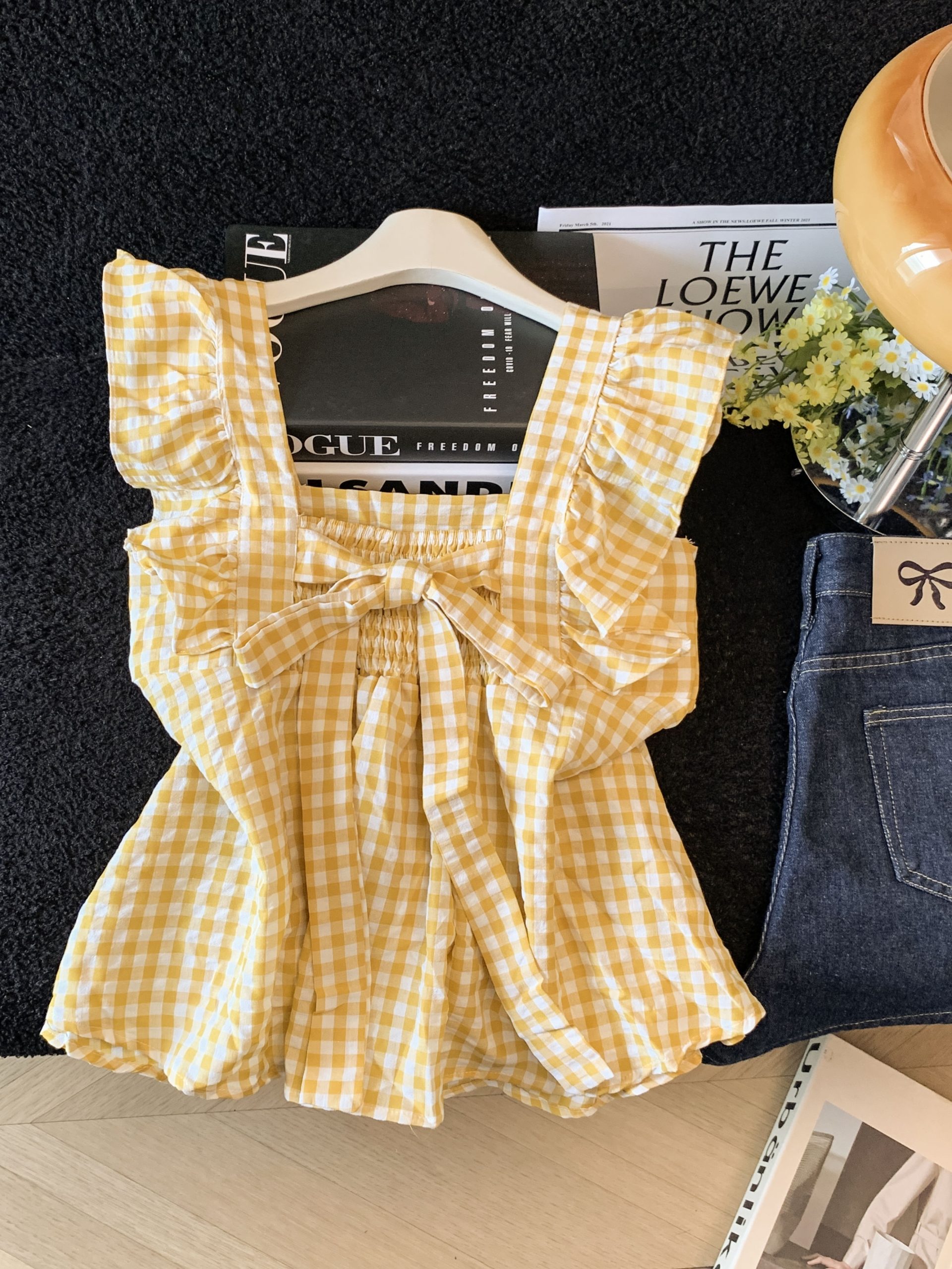 Sweet Fresh Bow Tie Pleated Ruffle Cami Top Women Summer Square Neck Plaid Shirt - Image 4