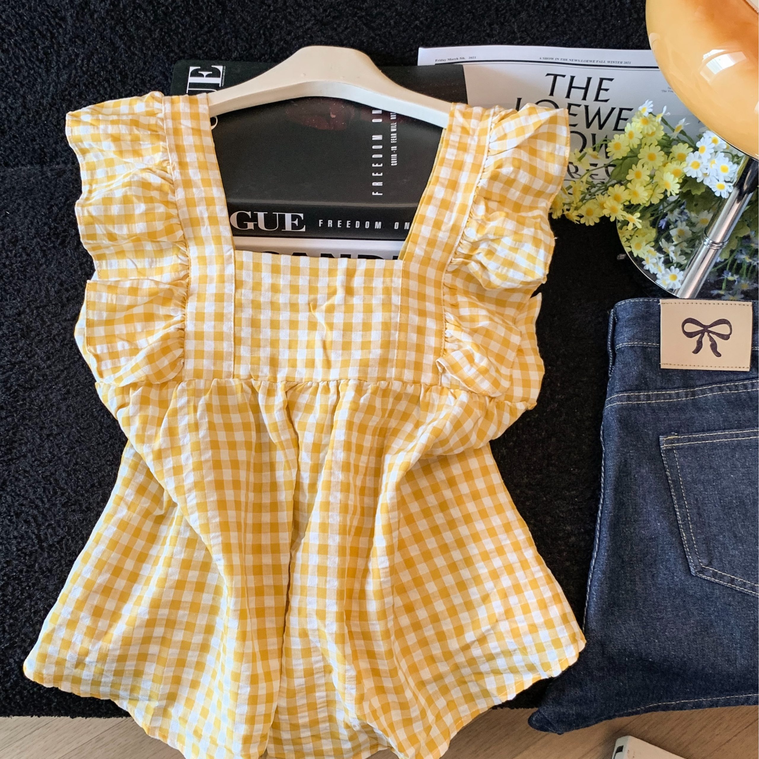 Sweet Fresh Bow Tie Pleated Ruffle Cami Top Women Summer Square Neck Plaid Shirt - Image 5