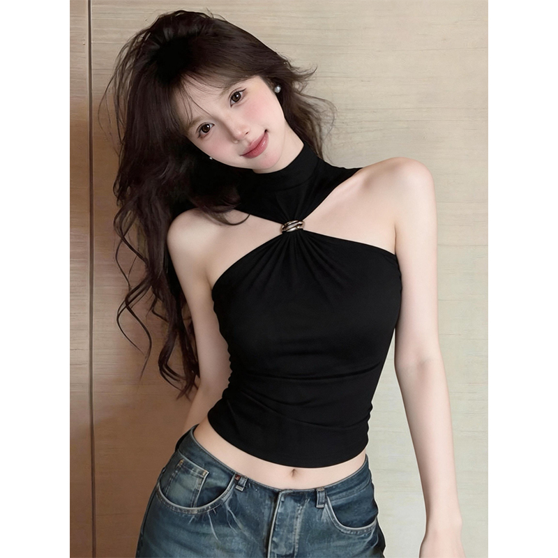Women's Black Halter Camisole Sleeveless Tank Top Slim Fit Petite Design