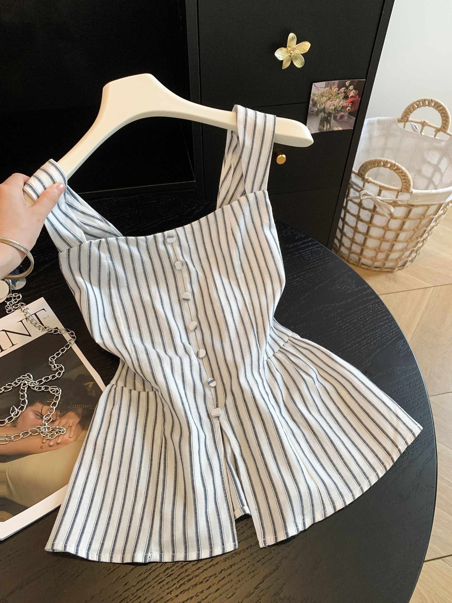 French Striped Camisole Tank Top for Women Slimming Waist Square Neck Buttoned