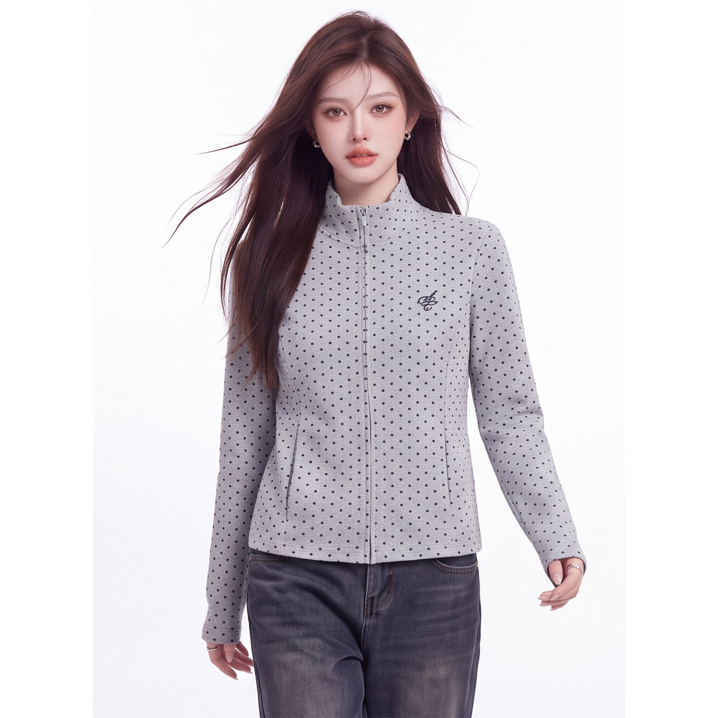 Gray Polka Dot Stand Collar Zip Cardigan T-Shirt Women Autumn Slim Fit Two Pocket Long Sleeve Outerwear