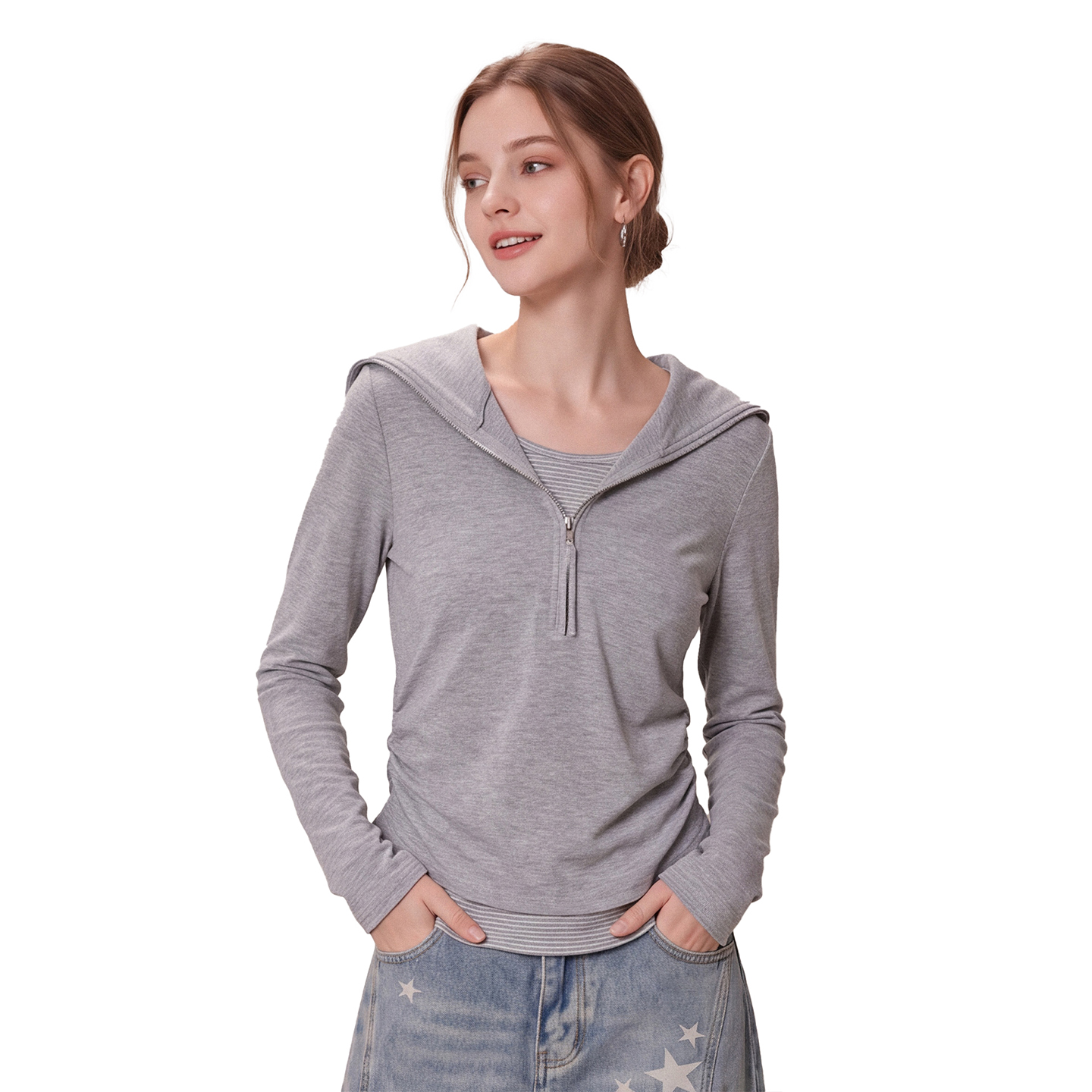 Women's Faux Two-Piece Half-Zip Sailor Collar Long Sleeve T-Shirt Slim Fit Pleated Waist Fall Top