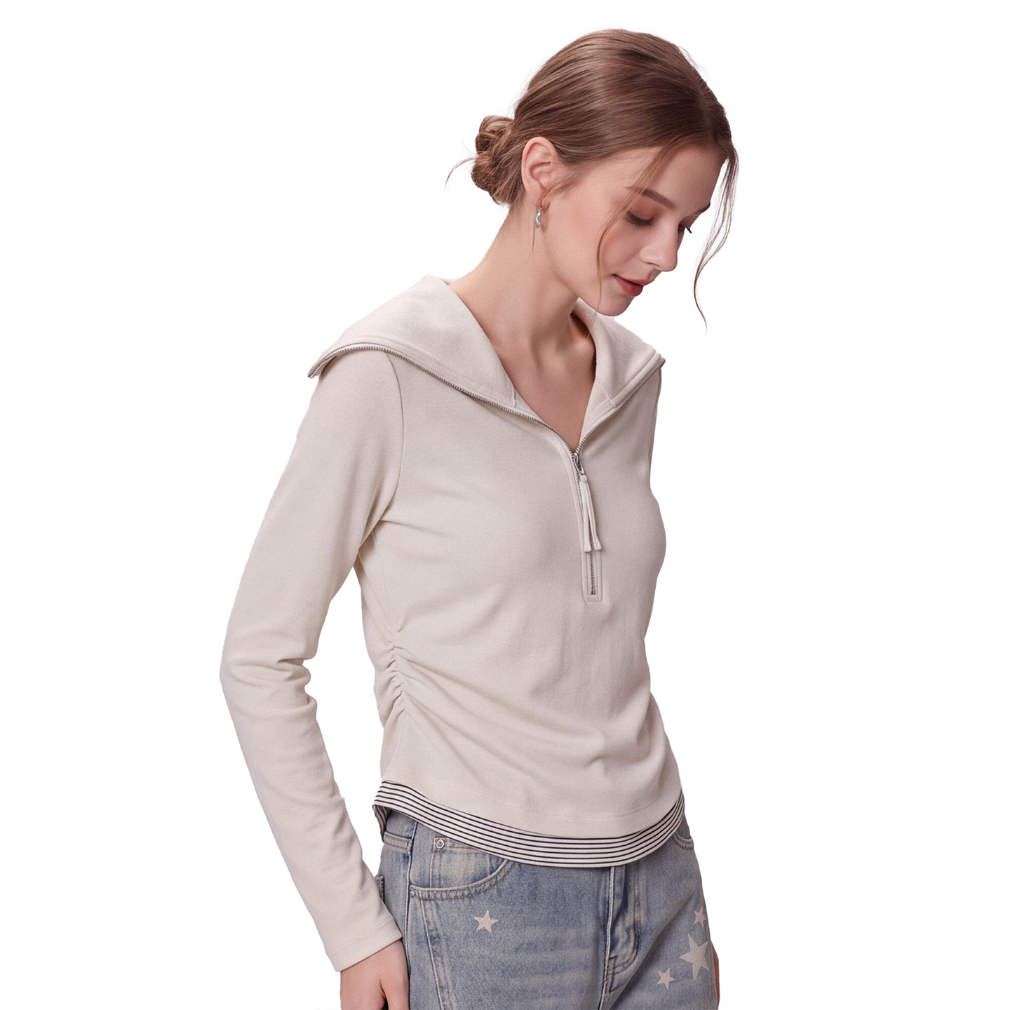 Women's Faux Two-Piece Half-Zip Sailor Collar Long Sleeve T-Shirt Slim Fit Pleated Waist Fall Top - Image 4