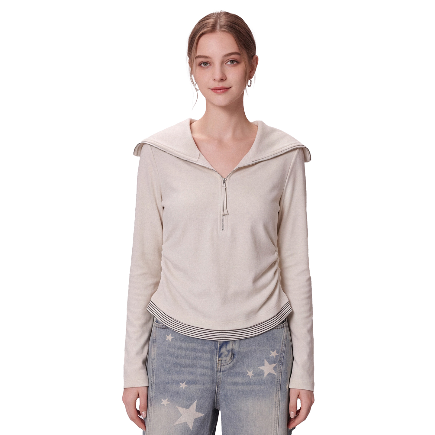 Women's Faux Two-Piece Half-Zip Sailor Collar Long Sleeve T-Shirt Slim Fit Pleated Waist Fall Top - Image 3