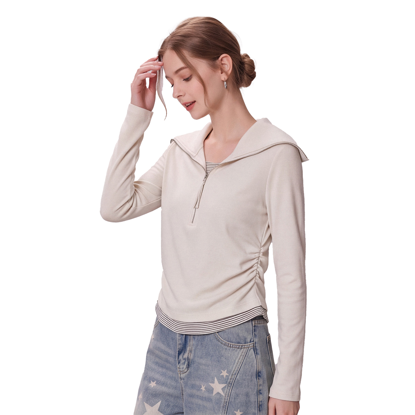 Women's Faux Two-Piece Half-Zip Sailor Collar Long Sleeve T-Shirt Slim Fit Pleated Waist Fall Top - Image 2