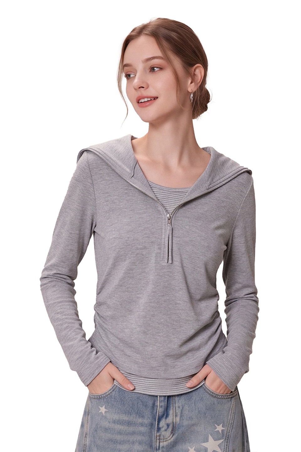 Women's Faux Two-Piece Half-Zip Sailor Collar Long Sleeve T-Shirt Slim Fit Pleated Waist Fall Top - Image 5