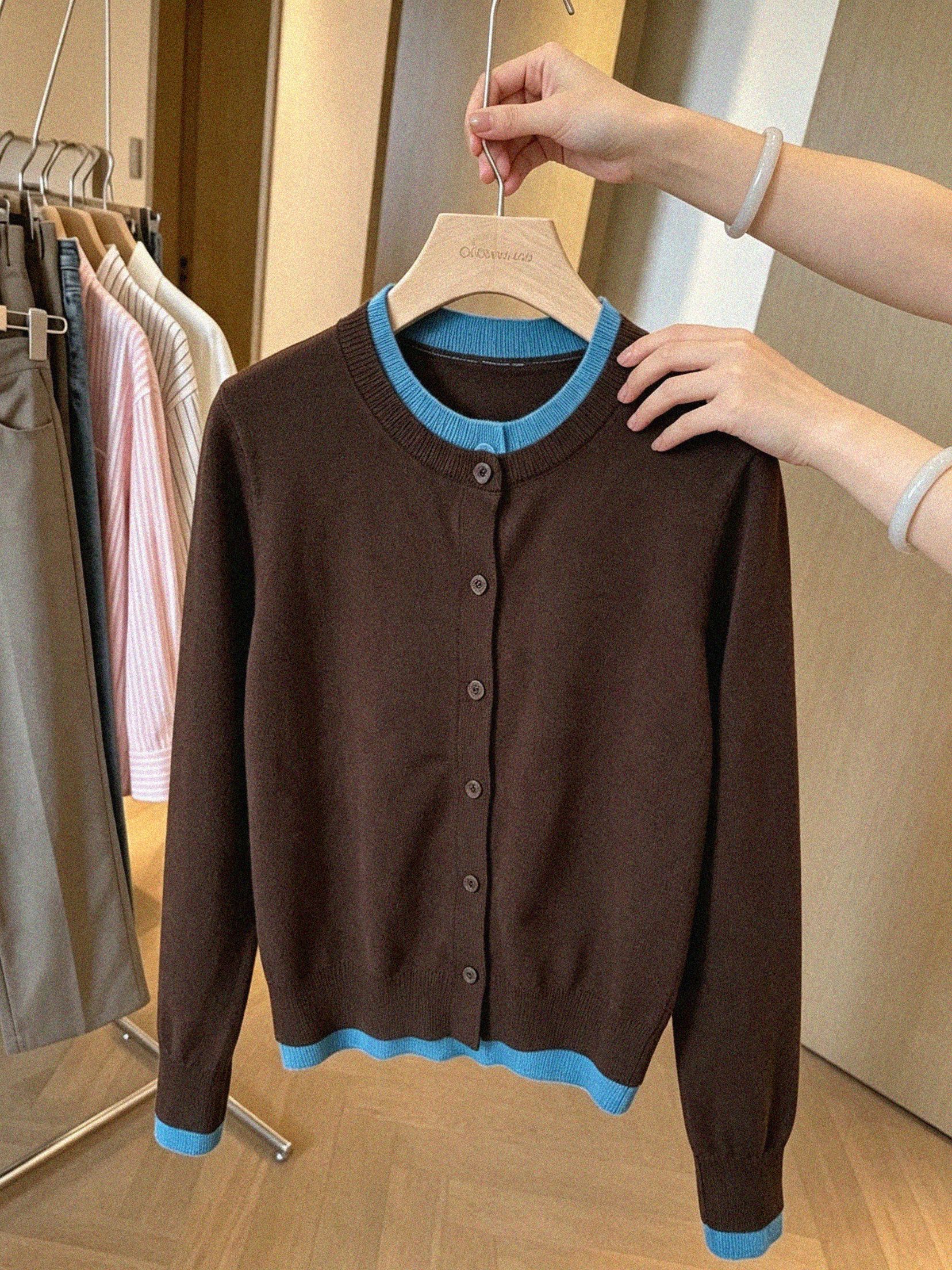Korean Style Chestnut Brown Faux Two-Piece Long Sleeve Knit Cardigan Women Spring Autumn Outer Layer Petite Color Block Top - Image 2