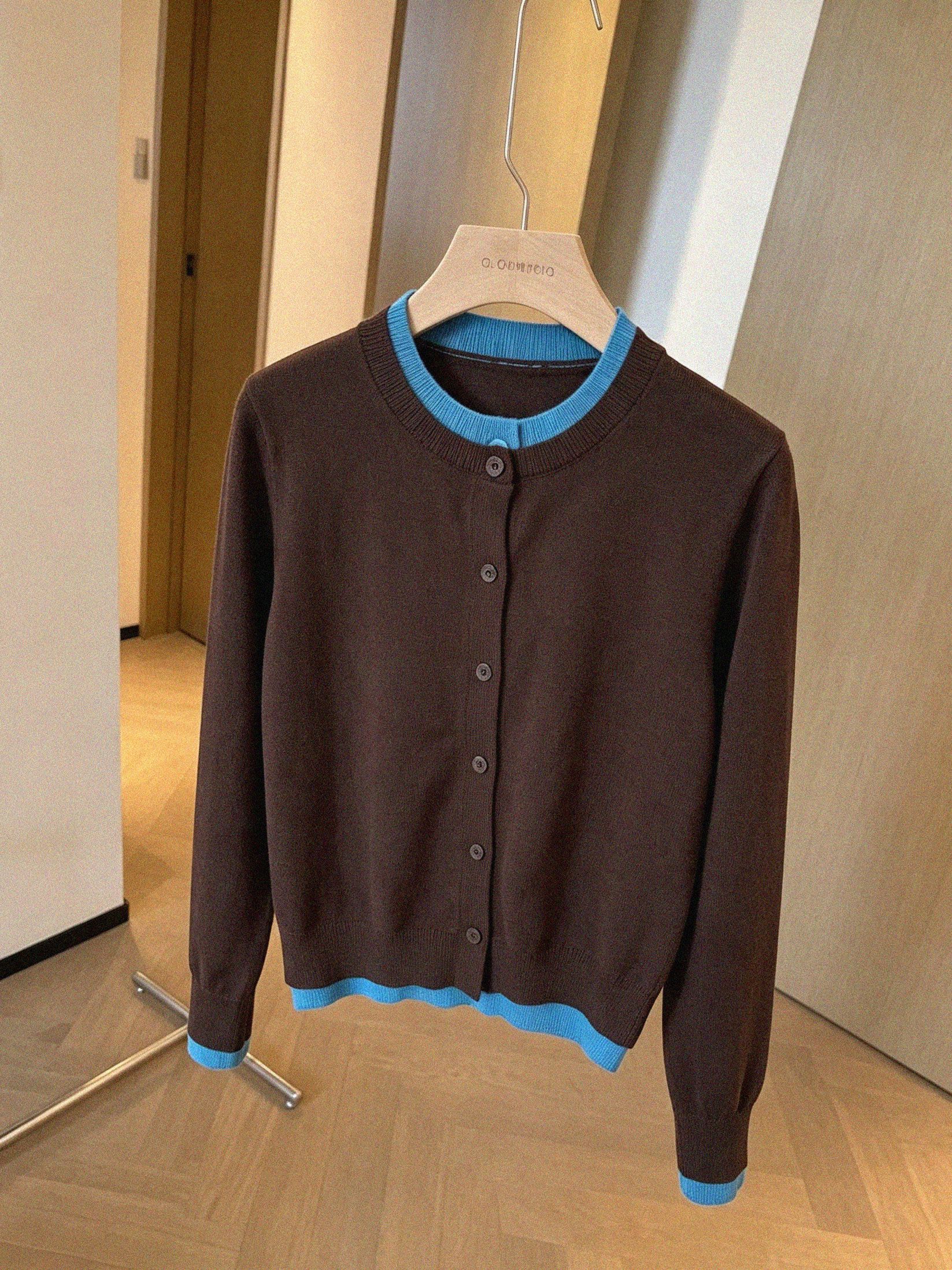 Korean Style Chestnut Brown Faux Two-Piece Long Sleeve Knit Cardigan Women Spring Autumn Outer Layer Petite Color Block Top - Image 3