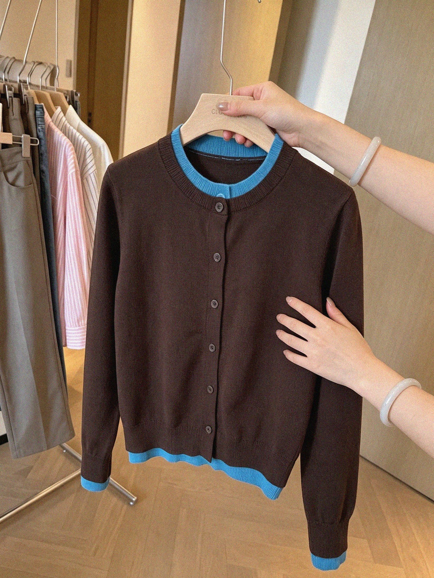 Korean Style Chestnut Brown Faux Two-Piece Long Sleeve Knit Cardigan Women Spring Autumn Outer Layer Petite Color Block Top - Image 4