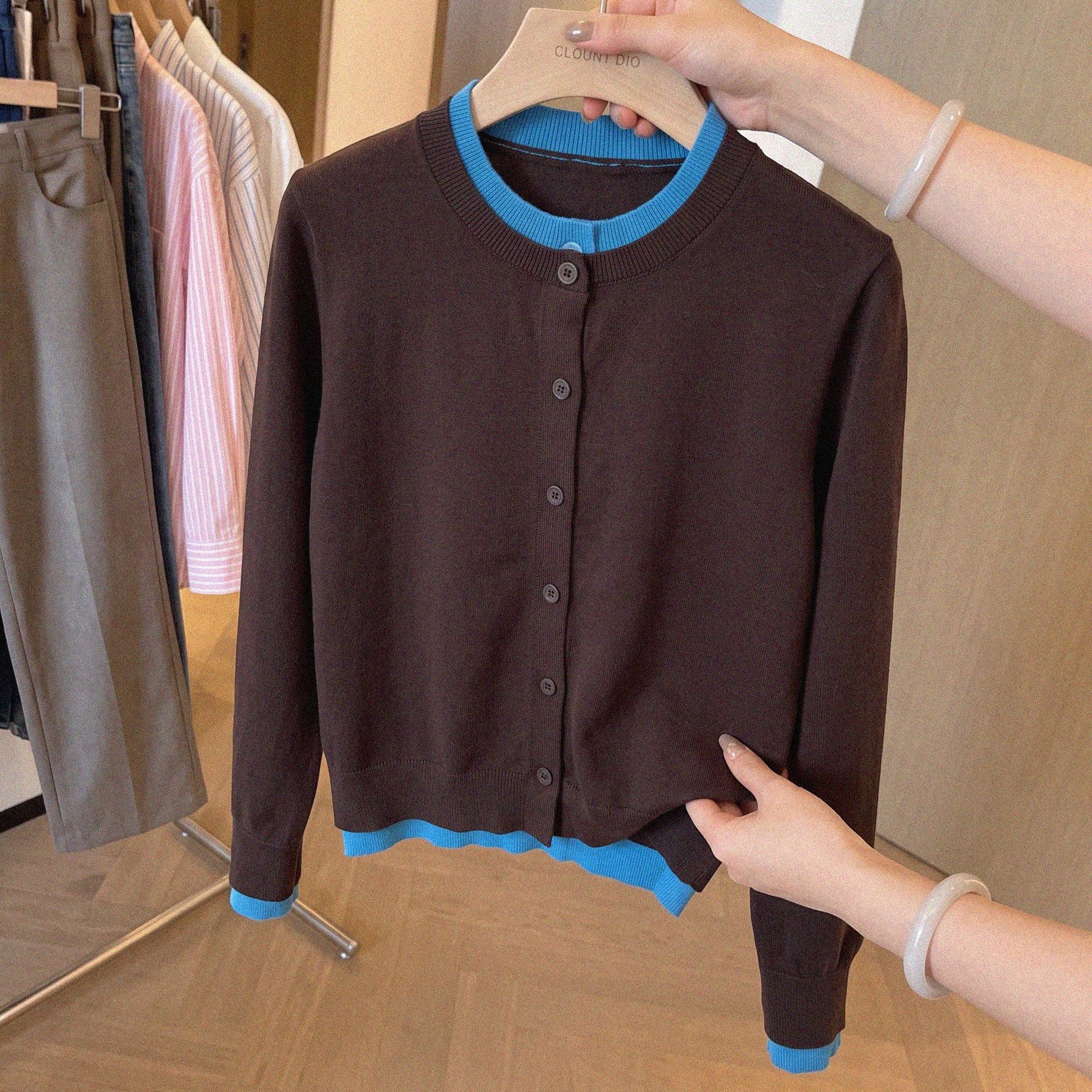 Korean Style Chestnut Brown Faux Two-Piece Long Sleeve Knit Cardigan Women Spring Autumn Outer Layer Petite Color Block Top - Image 5