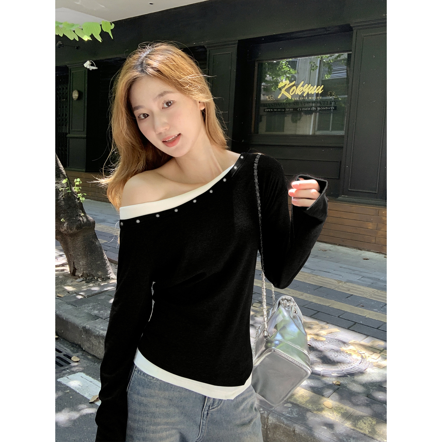Women's Color Block Asymmetric Off-Shoulder Long Sleeve T-Shirt 2026 Early Autumn Korean Style Slim Fit Top - Image 5