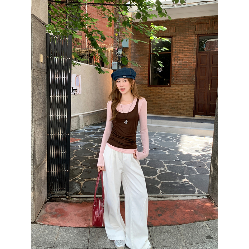 Women's Faux Two-Piece Long Sleeve T-Shirt 2026 Fall Color Block Slim Fit Cropped Base Layer Top - Image 5