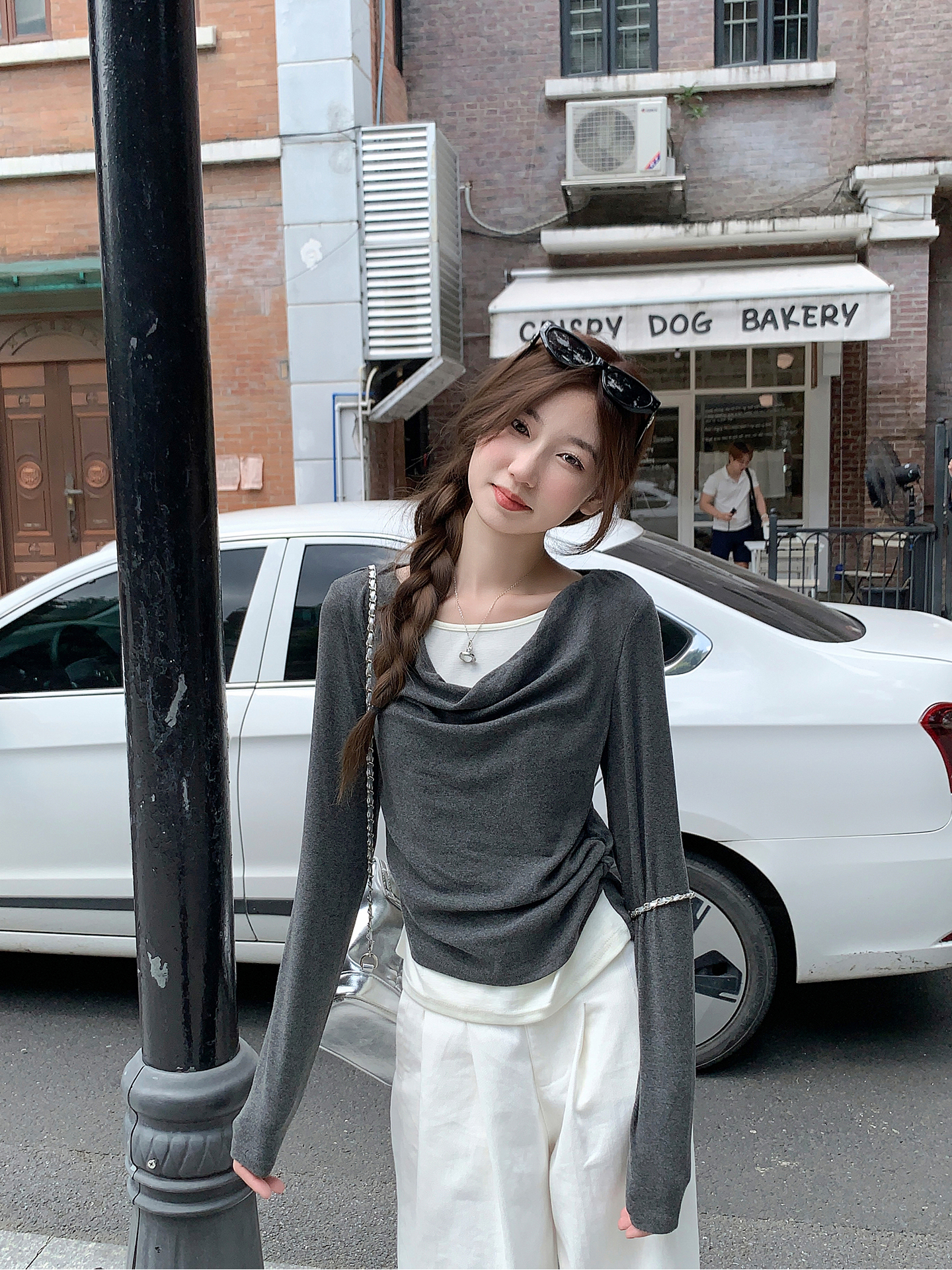 Women's Color Block Faux Two Piece Long Sleeve T-Shirt 2026 Early Autumn Pleated Waist Slimming Cropped Base Top - Image 4