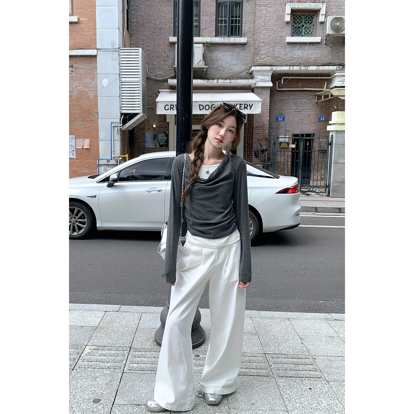 Women's Color Block Faux Two Piece Long Sleeve T-Shirt 2026 Early Autumn Pleated Waist Slimming Cropped Base Top - Image 5