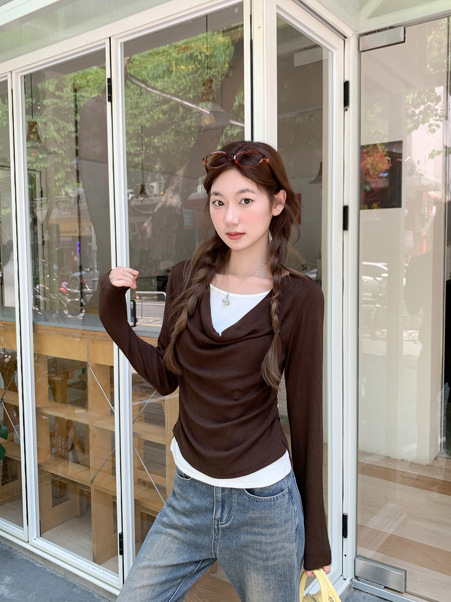 Women's Color Block Faux Two Piece Long Sleeve T-Shirt 2026 Early Autumn Pleated Waist Slimming Cropped Base Top - Image 2
