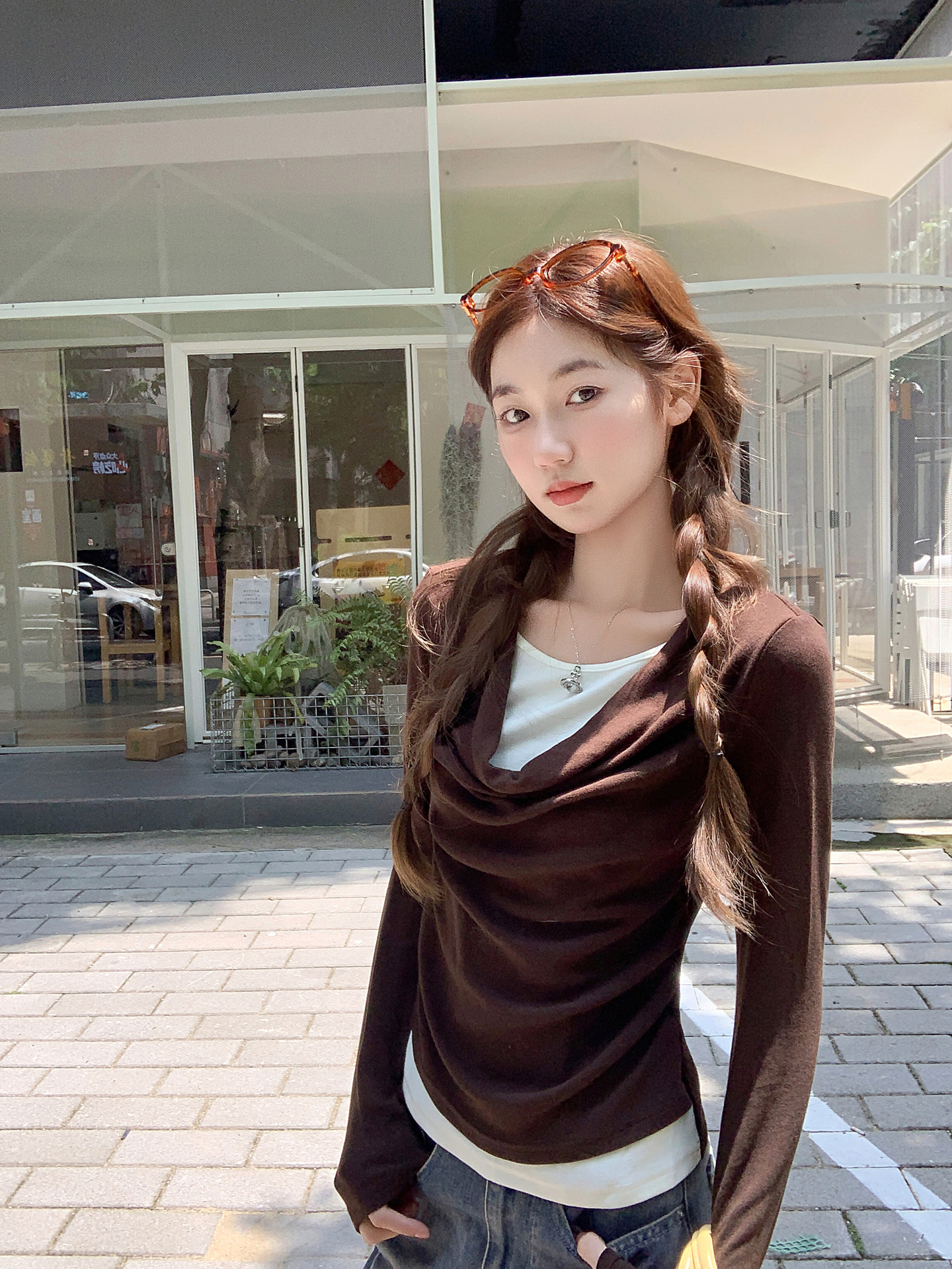 Women's Color Block Faux Two Piece Long Sleeve T-Shirt 2026 Early Autumn Pleated Waist Slimming Cropped Base Top