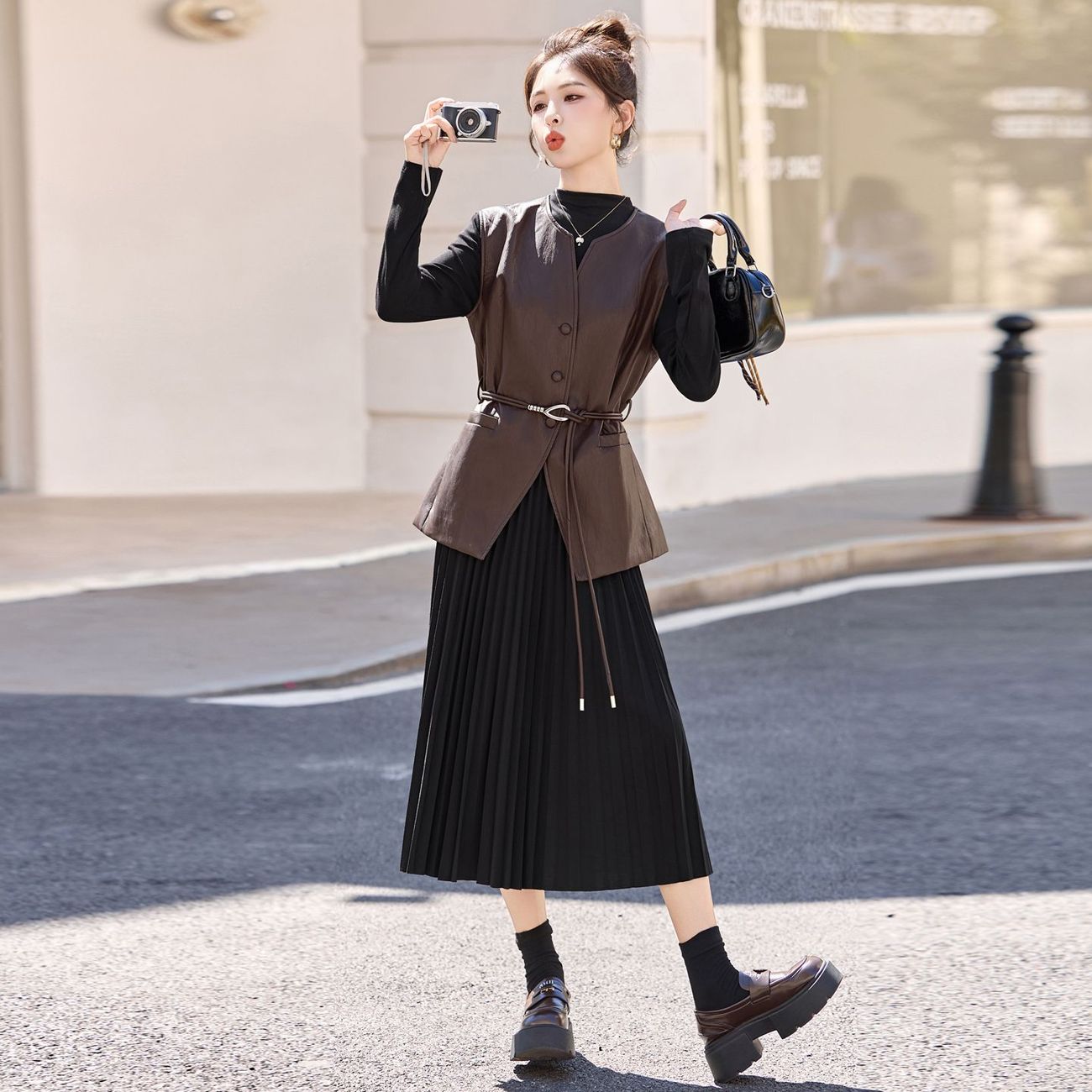 Korean Style PU Leather Vest Dress Two-Piece Set for Women 2026 Fall New Slim Fit
