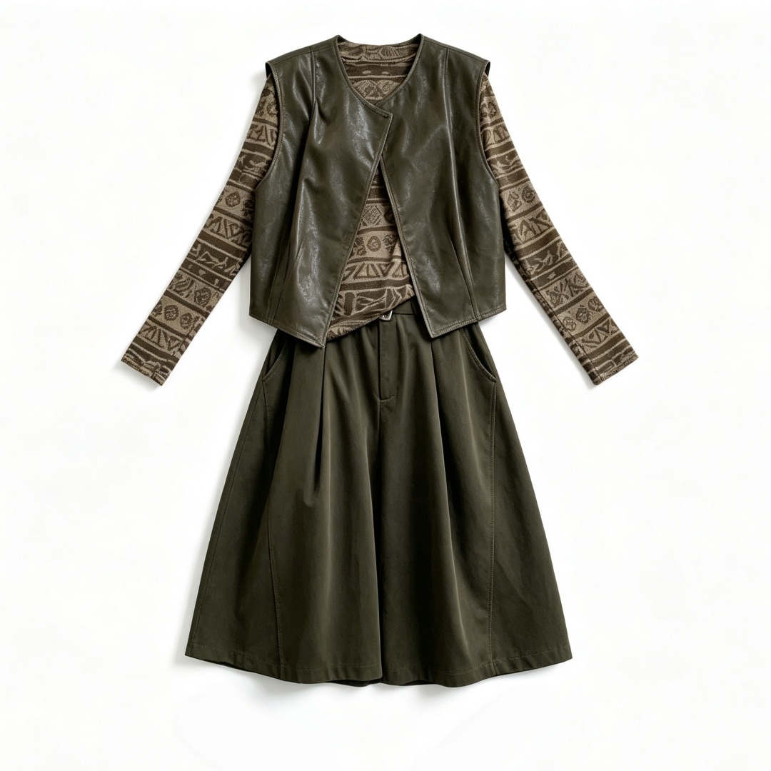 2026 Early Autumn Geometric Print Three-Piece Set with Olive Green Faux Leather Vest and Pleated Capri Pants for Women - Image 5