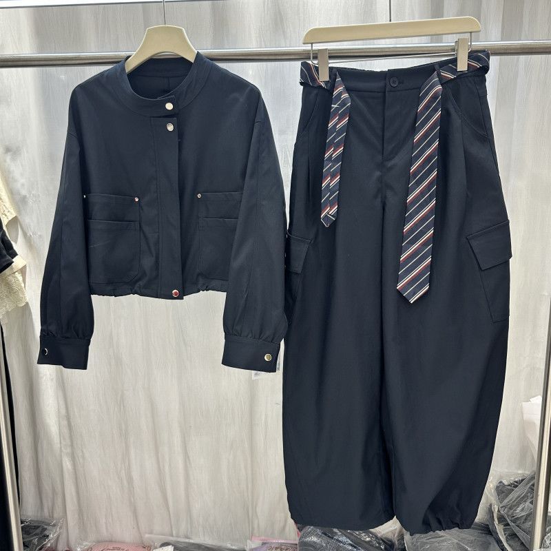 2026 Autumn New Workwear Casual Sports Fashion Set Stand Collar Cropped Jacket and Cargo Pants Two-Piece Set - Image 5
