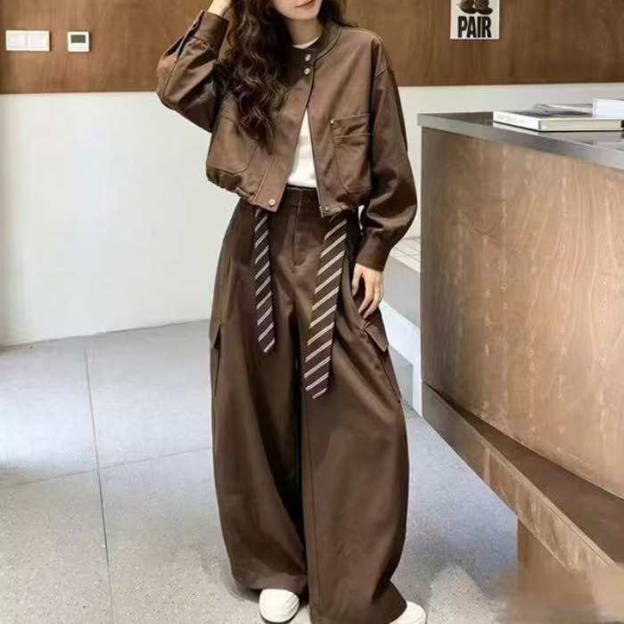 2026 Autumn New Workwear Casual Sports Fashion Set Stand Collar Cropped Jacket and Cargo Pants Two-Piece Set