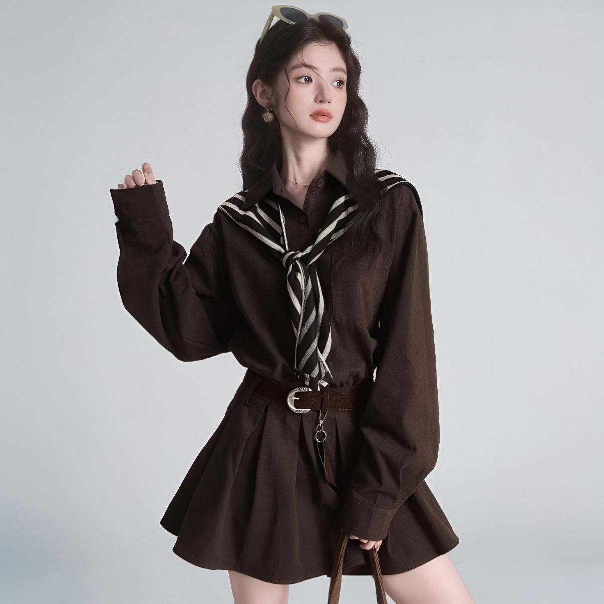 2026 New French Style Polo Neck Long Sleeve Dress Women Autumn Elegant Deep Brown Waist Shirt Dress