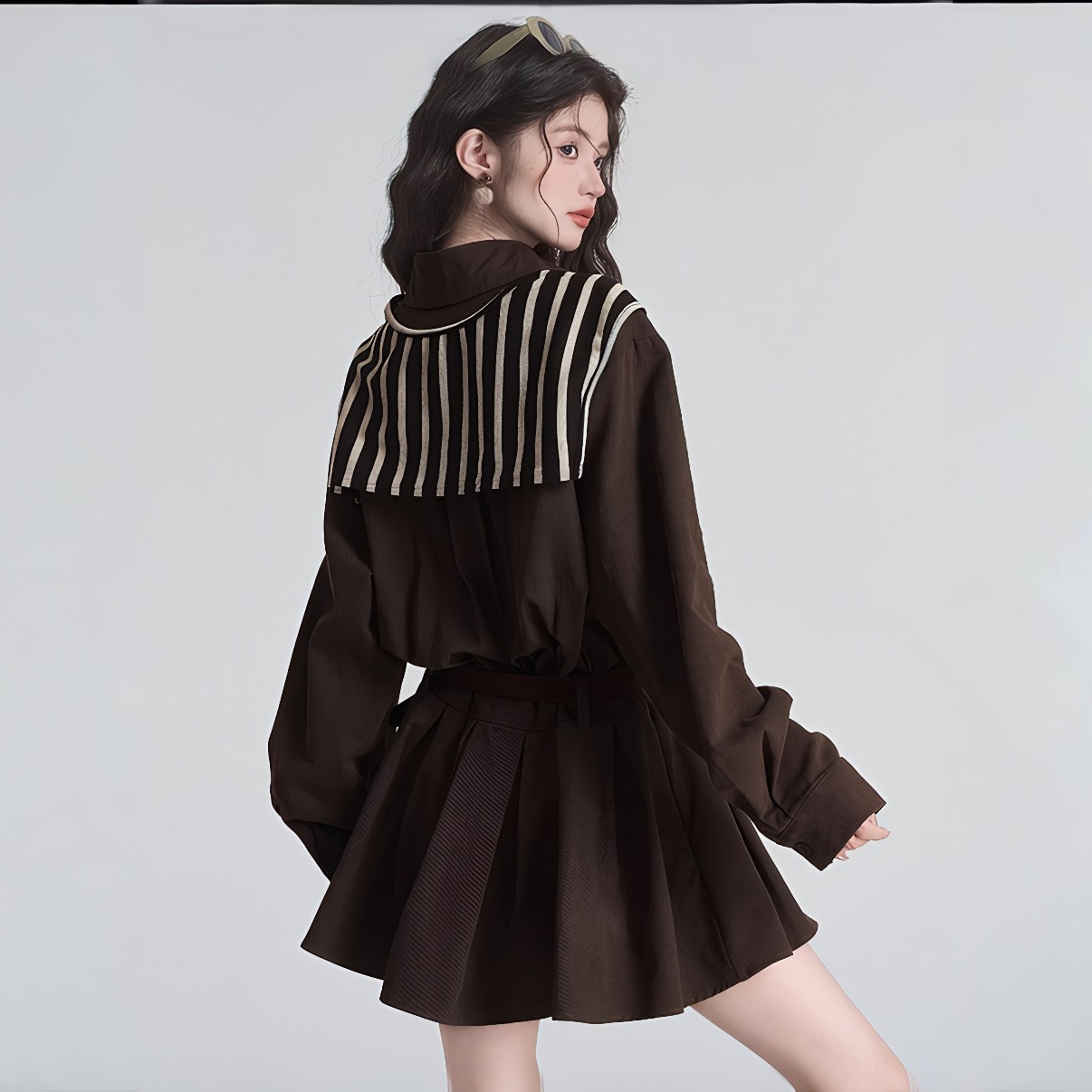 2026 New French Style Polo Neck Long Sleeve Dress Women Autumn Elegant Deep Brown Waist Shirt Dress - Image 2