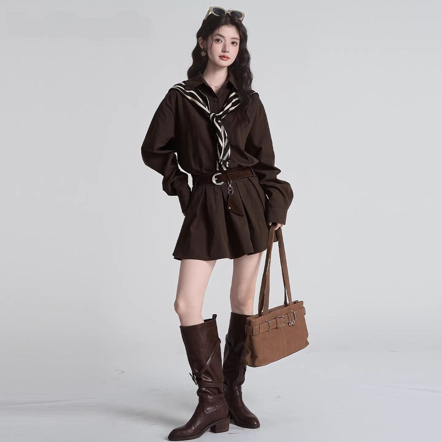 2026 New French Style Polo Neck Long Sleeve Dress Women Autumn Elegant Deep Brown Waist Shirt Dress - Image 3