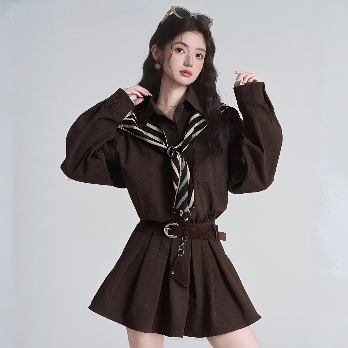 2026 New French Style Polo Neck Long Sleeve Dress Women Autumn Elegant Deep Brown Waist Shirt Dress - Image 4
