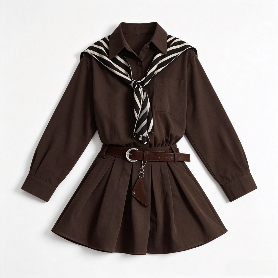 2026 New French Style Polo Neck Long Sleeve Dress Women Autumn Elegant Deep Brown Waist Shirt Dress - Image 5